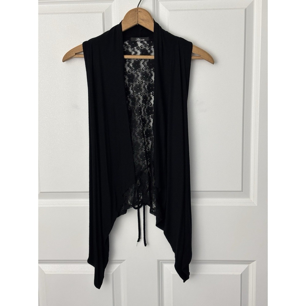 Bloom Y2K Black Drape Vest Lace Back‎ Sleeveless Cardigan Whimsigoth M 0601